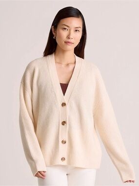 Quince 100% Mongolian Cashmere Fisherman Boxy Cropped Cardigan in Ivory, size XS